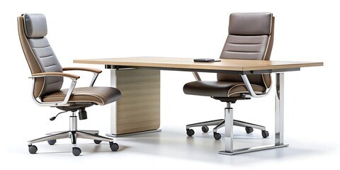 Two executive office chairs and a desk isolated on white background