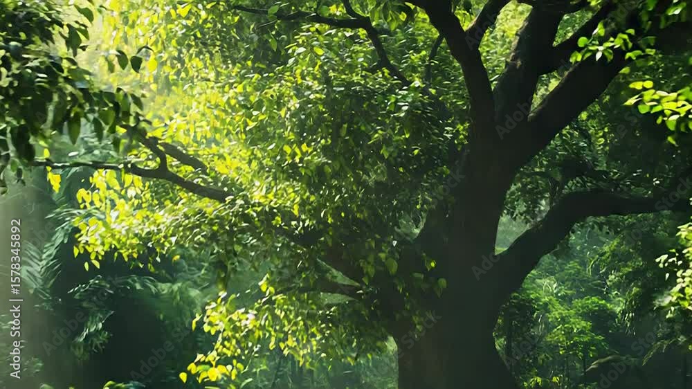 Poster sunbeams filtering through lush jungle canopy illuminating forest path