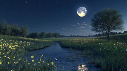 Moonlight meadow landscape