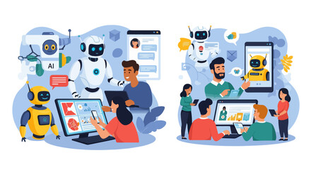 AI Robots Interacting with Humans - Technology Concept Vector Art