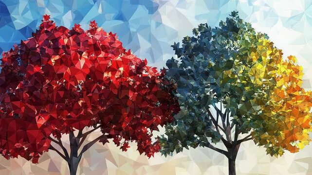 Two colorful low poly trees growing together in green grass