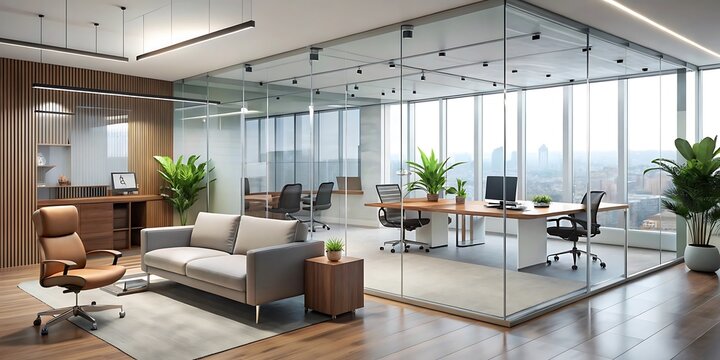 Stylish office lounge area with glasswalled meeting rooms and city views