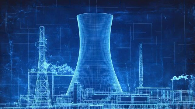 Futuristic blueprint nuclear power plant generating electricity