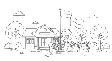 Obraz premium Cheerful Students Waving Flags at School, Line Art Illustration
