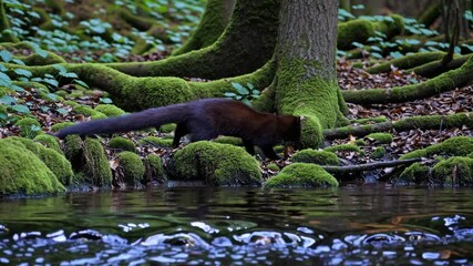 A low-angle video shot of a mink exploring a mossy forest floor by a tranquil stream, capturing the lush greenery and serene atmosphere.
