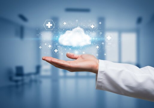 Doctors Hand Presenting Cloud Based Healthcare Data