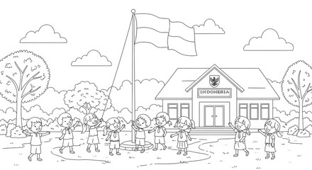 Obraz premium Indonesian School Children Celebrating Independence Day with Flag Raising Ceremony.