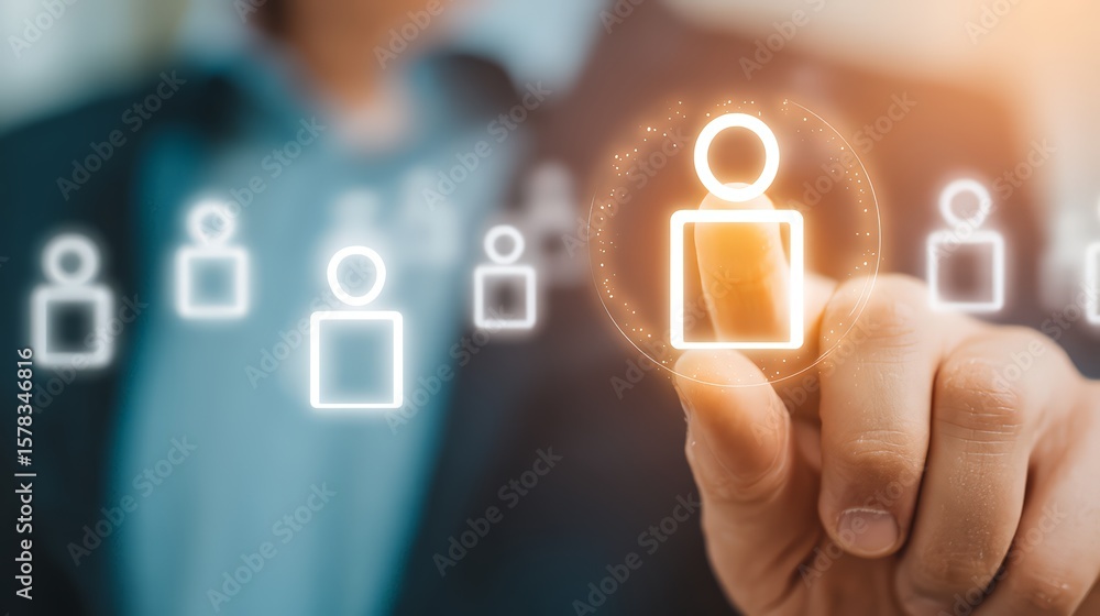 Poster a businessman selecting a virtual person in a digital network interface.