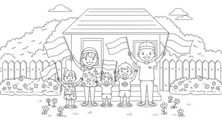 Obraz premium Family Celebrates with Flags in Front of Home, Coloring Page