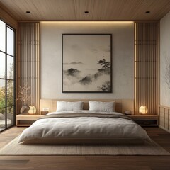 Serene minimalist bedroom with wooden features, large bed, and calming artwork depicting a misty mountain landscape