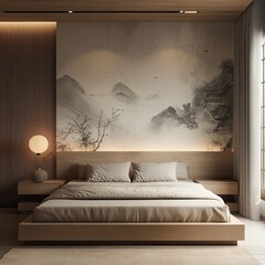 Serene bedroom with minimalist design and a large-scale landscape mural as a headboard