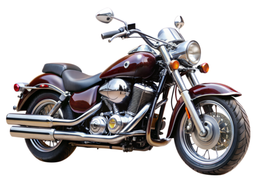 A powerful maroon motorcycle with gleaming chrome accents stands ready for an exhilarating ride on the open road isolated on transparent background
