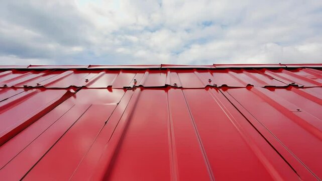 Red corrugated metal roof reflecting cloudy sky