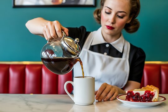 Retro Diner: Woman Pouring Coffee, Cherry Pie on Table - Powered by Adobe