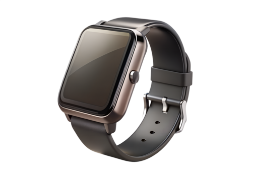 A sleek black smartwatch is isolated on transparent background, showcasing its modern design and technological features