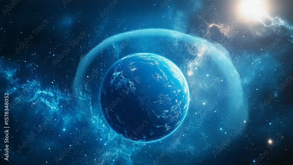 Sticker blue planet rotating in space with nebulae and stars