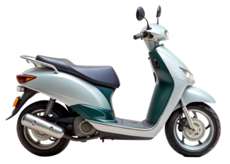 A vintage silver and green scooter is isolated on a transparent background, perfect for urban commuting