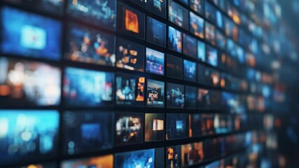 Video wall showing multiple streaming media content and play button icon - Powered by Adobe