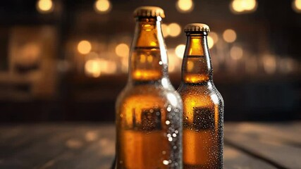 Two cold beer bottles resting on wooden table in blurred bar background