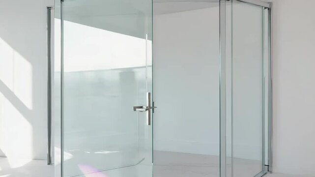 Modern glass door opening into empty room with sunlight and rainbow reflections