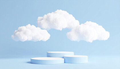 White cloud floating above blue display podium with soft sky background