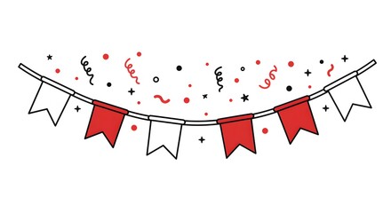 Festive Garland of Red and White Flags with Confetti