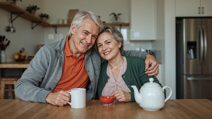 Happy senior couple enjoys a cozy tea moment together in their kitchen.