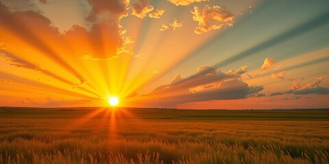 Blazing sun rays explode across a vibrant prairie, painting the sky with fiery sunset hues,  majestic,  field