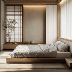 Serene minimalist bedroom with wooden platform bed, shoji screen, and natural light (2)