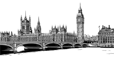 Iconic London Skyline Westminster Big Ben  Thames Illustration