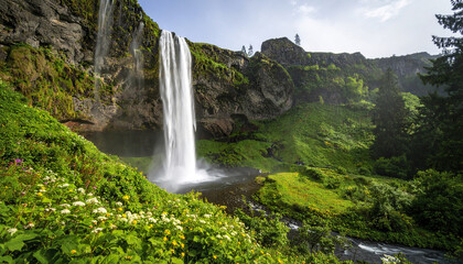 Fototapeta premium Waterfall flowing down rocky cliff surrounded by green plants and flowers in bright daylight