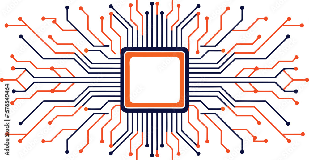 Fototapete Vector art of a central computer chip with radiating orange and blue circuit lines on a white background.