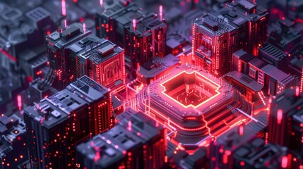 Fototapeta premium isometric D server fortress with AI shield deflecting cyberattacks neon red and black on shield .