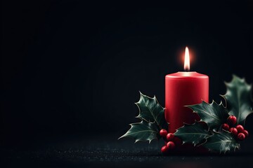 Bright red candle burning with holly leaves and berries on a dark background, creating a festive Christmas atmosphere.
