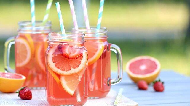 Refreshing citrus lemonade in glass jars on outdoor table, summer drink, picnic, healthy refreshment, copy space for text