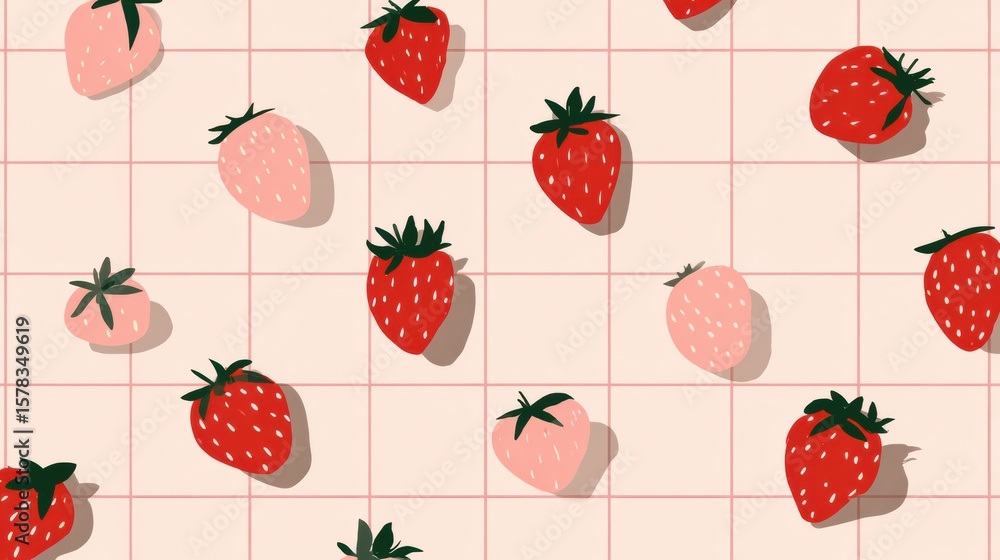 Poster cartoon strawberries on a pastel grid create a cute minimal design with an open side zone for added 