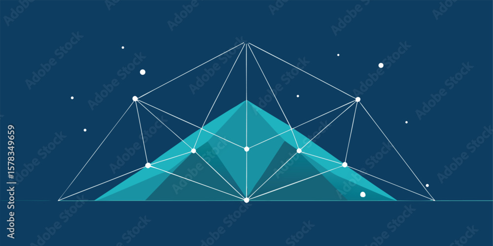 Poster vector art of geometric network structure with glowing nodes and lines on a dark blue background.