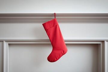 A red Christmas stocking hangs against a white wall, ready for holiday cheer.
