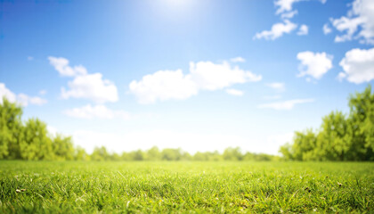 Obraz premium Green grass field under blue sky with white clouds and bright sunny day