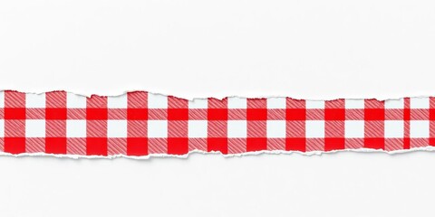 Obraz premium A ragged, torn fragment of red and white checkered paper, edges frayed and uneven, geometric, white