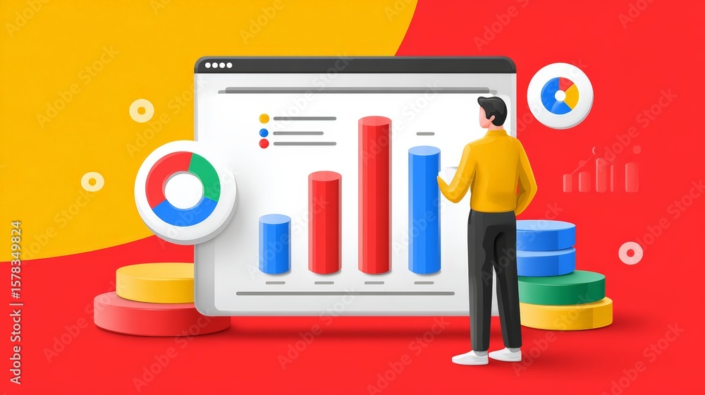 Poster a person analyzes data with colorful charts and graphics on a digital screen.