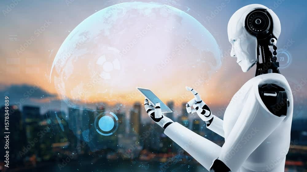 Poster futuristic robot artificial intelligence huminoid ai for industrial factory technology development a