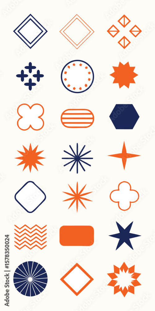 Aufkleber vector art of a vibrant collection of geometric shapes and abstract patterns in blue and orange.