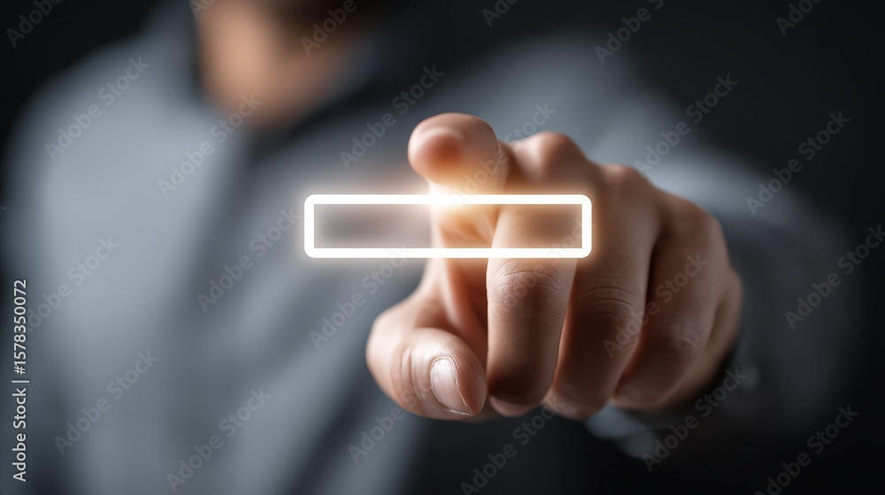 Poster a person interacting with a digital interface using a finger touch gesture.