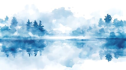 Misty forest lake watercolor