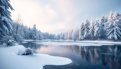 Frozen lake, snow-covered trees, abstract winter landscape,  scenery,  snow
