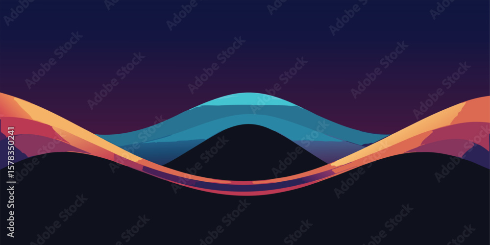Poster vector art of a vibrant abstract wave flows across a dark background with gradients of blue and oran