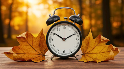 Autumn Time Black Alarm Clock with Falling Leaves in a Warm, Golden-Hued Seasonal Setting