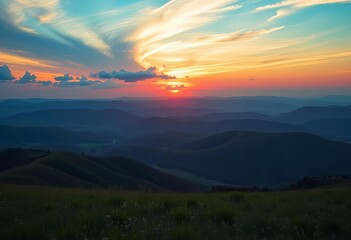 Fototapeta premium Serene sunset over rolling hills, vibrant sky, peaceful meadow, idyllic, scenery