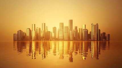 Fototapeta premium Golden cityscape with skyscrapers reflecting in calm waters